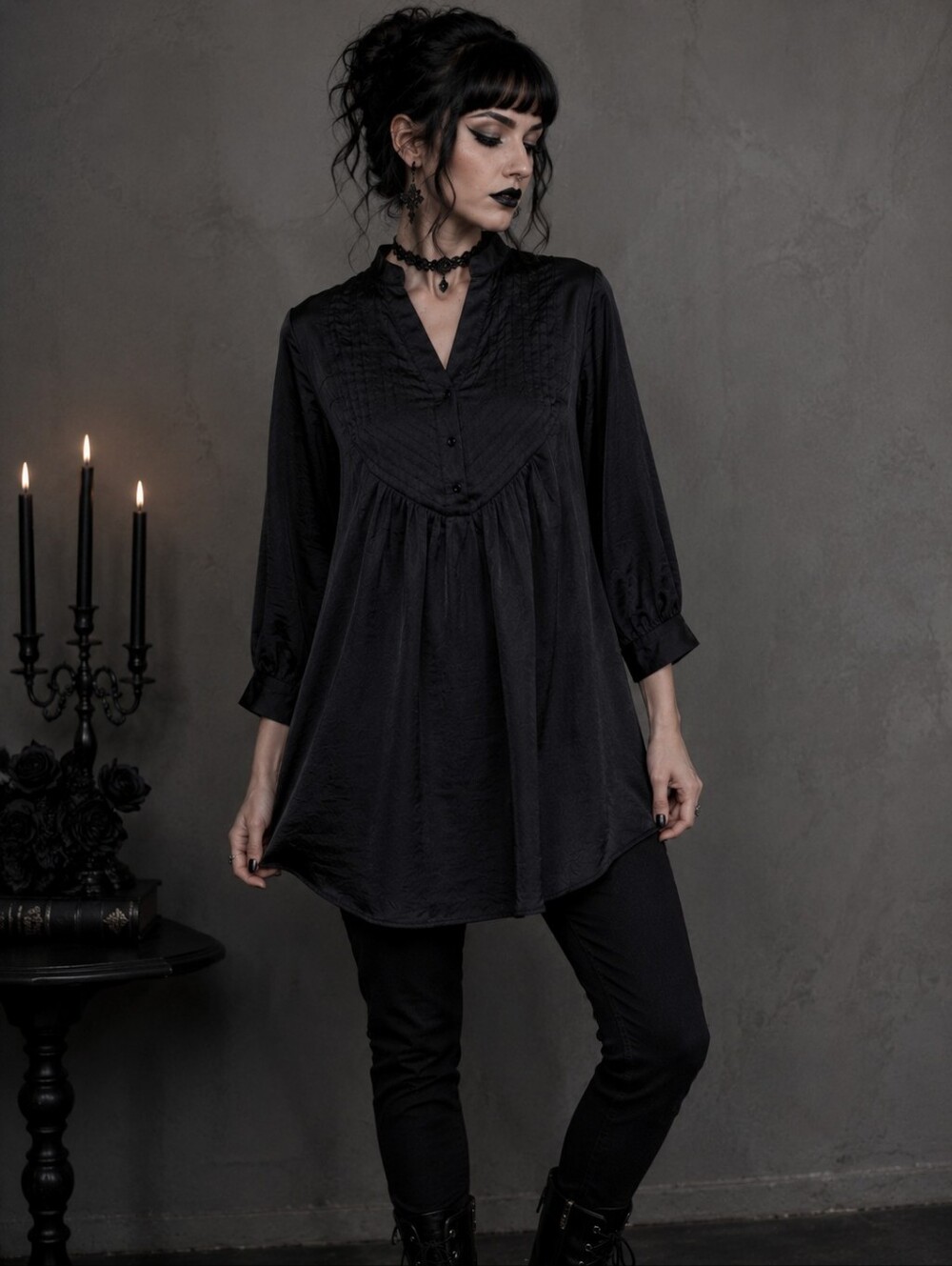 Black Satin Gothic Style Pintuck Button Front Tunic Blouse Small Dark Romantic